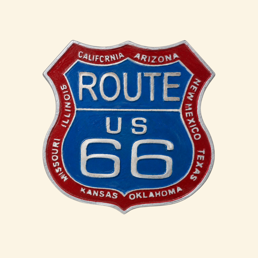 Route 66 With States - Small Cast Aluminum Sign (Red/Blue)